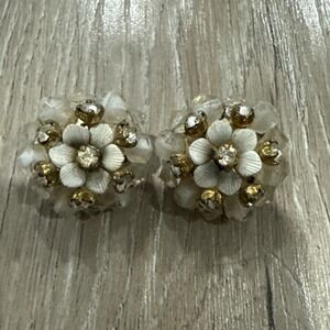 Vintage Laguna Silver Tone Metal Flower Rhinestone Cluster Clip Earrings 1"